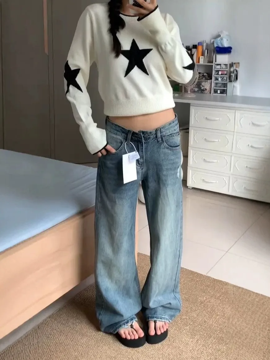 Low Waist Wide Leg Straight Cut Blue Washed Denim Jeans Women's Slimming Loose Casual Jeans plus Size Comfortable Trousers