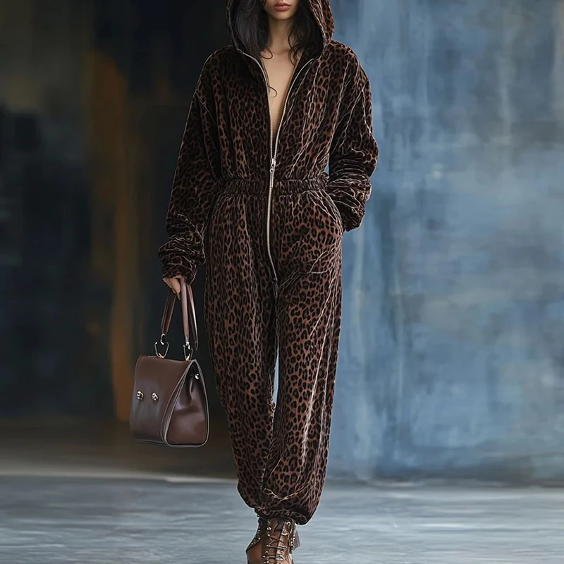 

High Street Loose Zipper Women Casual Playsuit 2026 Spring Leopard Print Waist Fashion Jumpsuit Retro Long Sleeved Pocket Romper