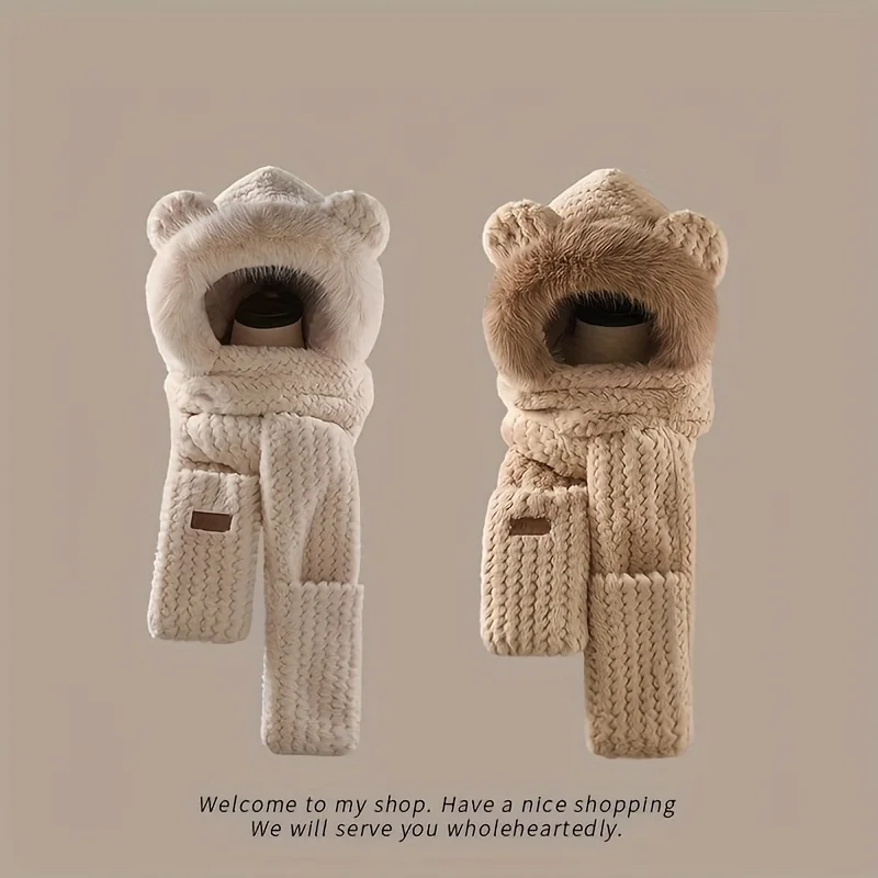 Pasamontañas de forro polar 3 en 1 para mujer con calentadores de orejas desmontables, gorro peludo de poliéster con temática de dibujos animados, conjunto de bufanda y guantes, en relieve