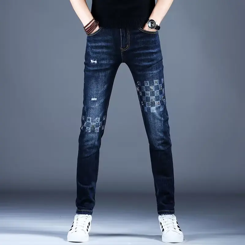 

High-End Rhinestone Printed Slim Fit Jeans Men's Fashionable Elastic Korean Style Spring Autumn Long Pants Breathable Wear Re...