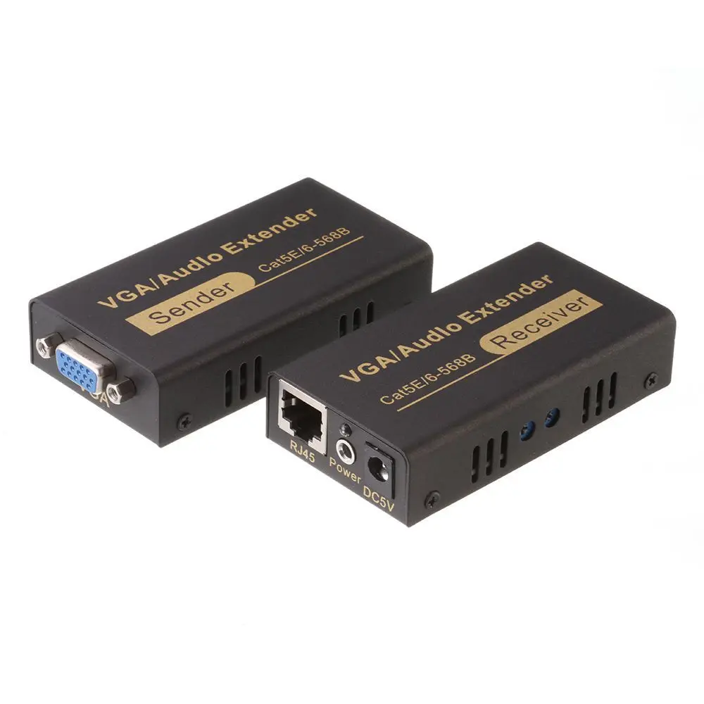 100 M 1080 P Audio Video Extender VGA Su Singolo RJ45 CAT5e/6 HDB15-F, audio DC3.5 Mittente Ricevitore Supporto DOS, wondows, Apple, MAC