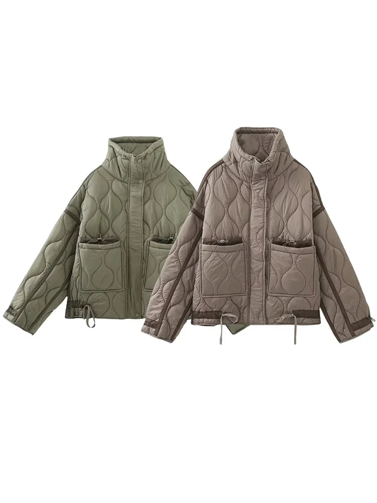 

HH модная женская стеганая куртка большого размера, зимняя стеганая куртка с воротником-стойкой и длинным рукавом на молнии спереди с пуговицами, винтажное теплое пальто