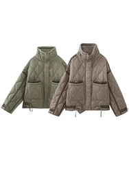 HH Fashion Women Oversized Quilted Jacket Winter Standing Collar Long Sleeve Front Zipper With Buttons Vintage Warm Coat
