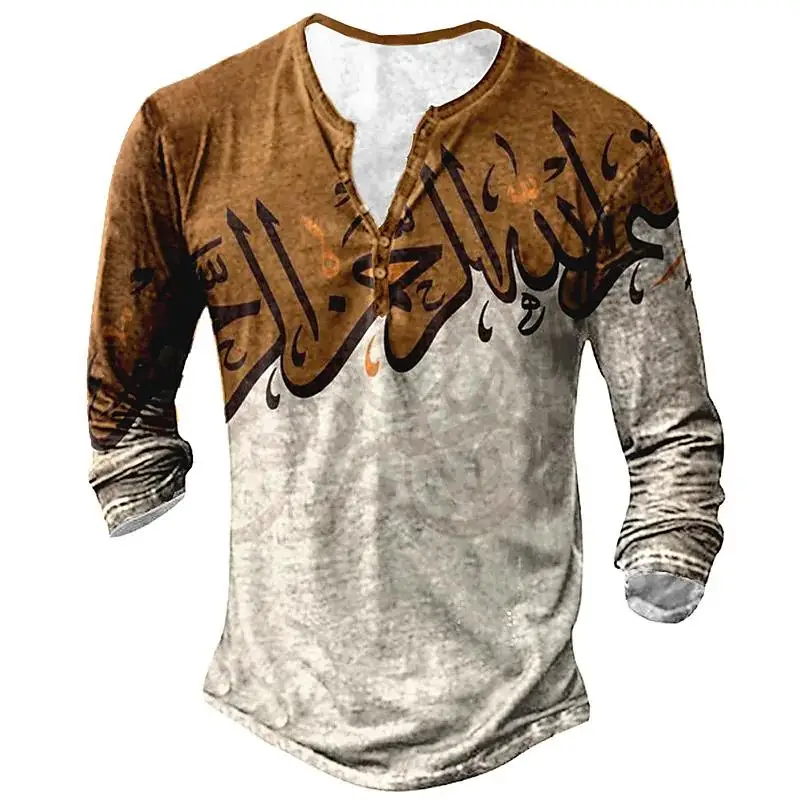 Men long-sleeved Shirt Vintage T-Shirt Ethnic Style Graphic Cotton Top Oversized Clothing Fall V-neck 2022 Casual Men\'s Clothing