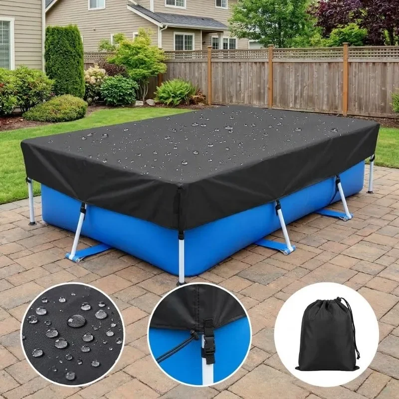 Rectangular Above Ground Pool Cover Waterproof Dustproof UV Resistant Oxford Cloth Swimming Pool Protective Cover with Fasteners