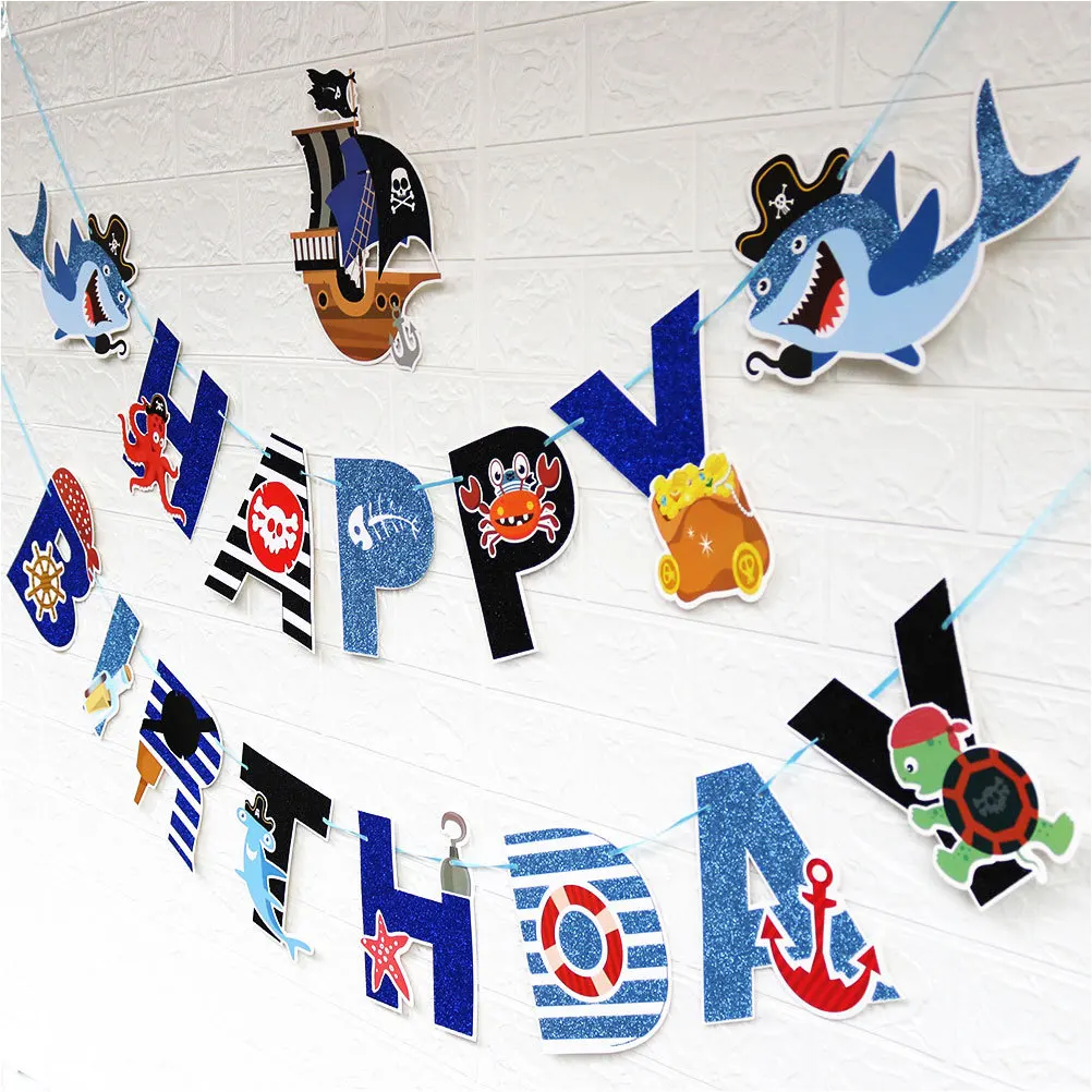 

Pirate Theme Birthday Party Banner Cartoon Hanging Bunting Glitter Flag Decoration Photo Prop Party Garland