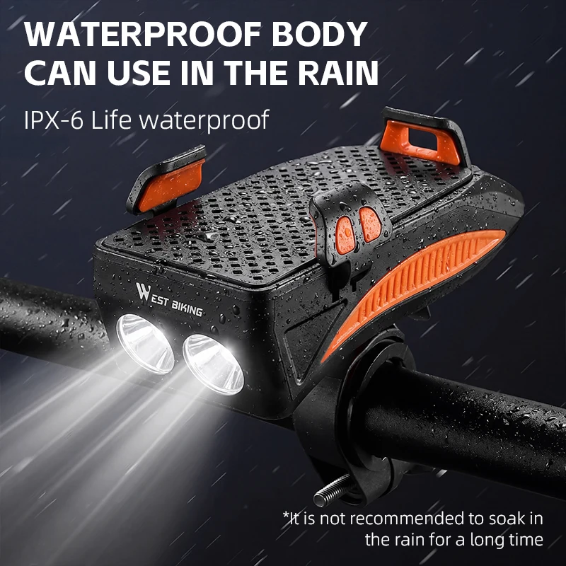 WEST BIKING Multi-Function 4 in 1 Bicycle Front Light 4000MAh USB Charging Bike Headlight Convenient Cycling Phone Holder/Horn