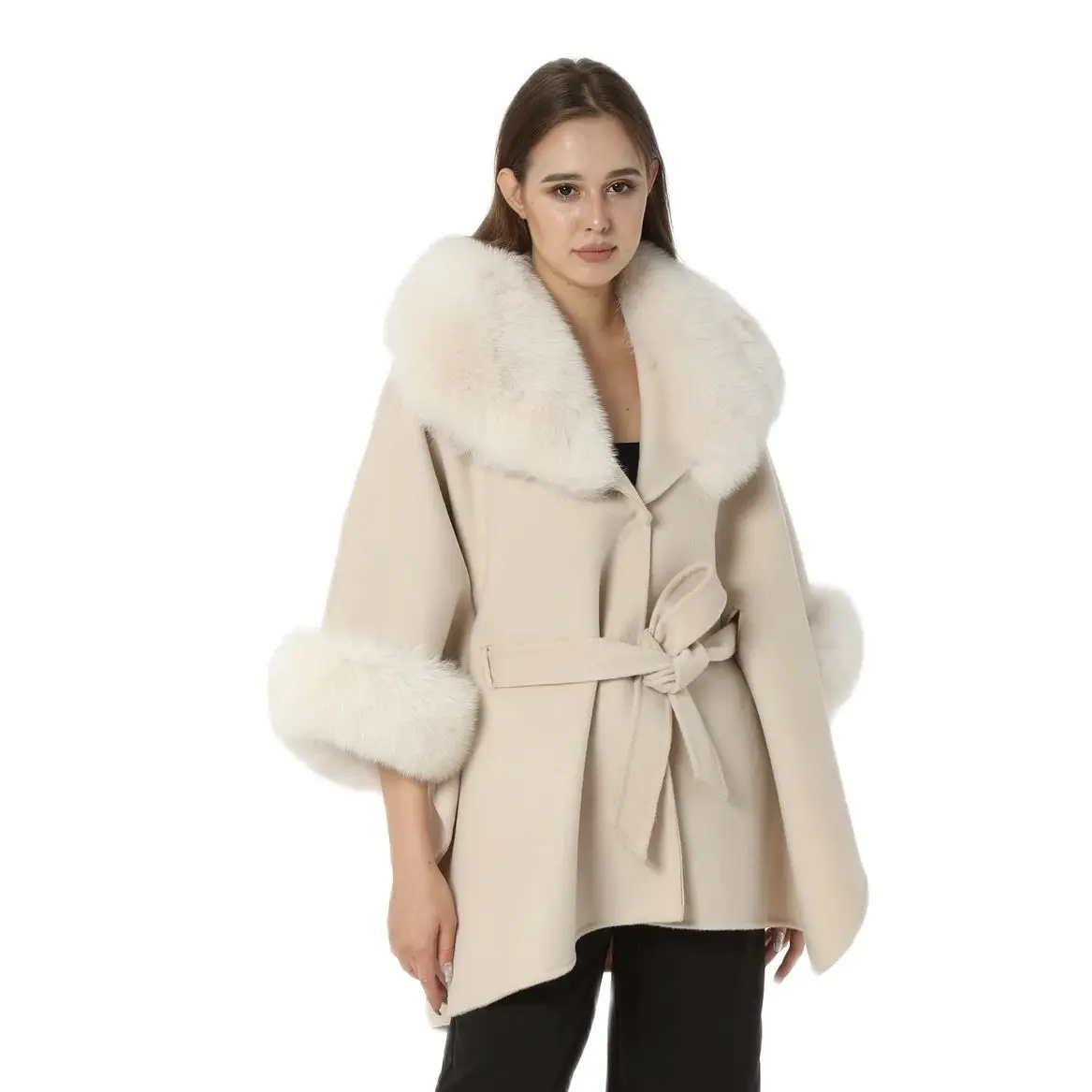 

Shawl with Real Natural Fox Fur Collar and Hood for Women, Half Sleeve Cuffs with Belt, Furry Outerwear, 100% Wool, 220614, New