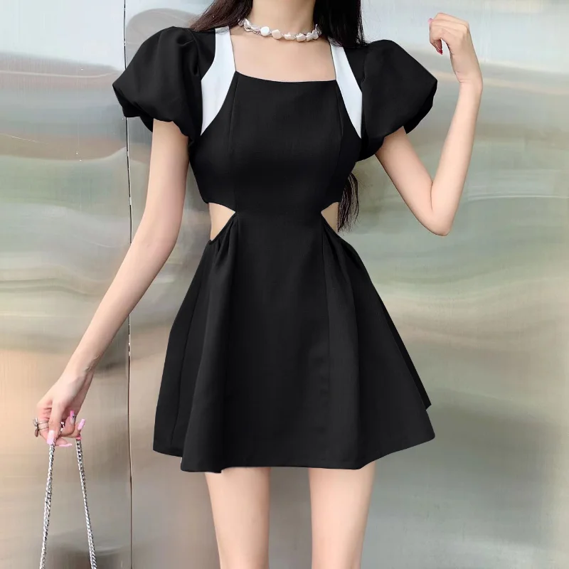 

French Elegant Bubble Sleeve Dress Women Summer New Fashion Square Collar Waist Hollow Out Mini Dresses Female