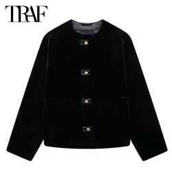 TRAF Women's Warm Winter Jackets 2024 Autumn Black Cropped Faux Fur Coats Long Sleeve Oversized Fluffy Short Parkas Outerwears