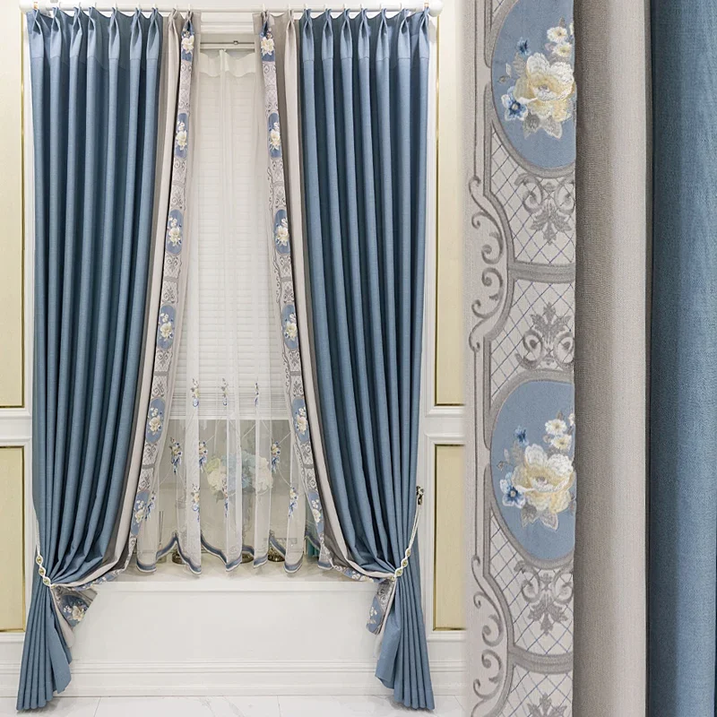 85% High Shade Custom 2025 European Modern Minimalist Window Curtains for Living Dining Room Bedroom Blue Linen Black Out Drapes