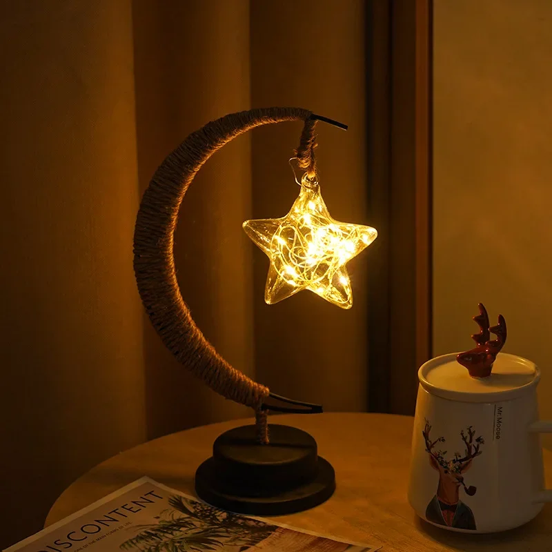 New Star Moon Lamp Apple Vine Ball Creative Desk Lamp Hemp Rope Iron Art Decoration Romantic Atmosphere Nightlight