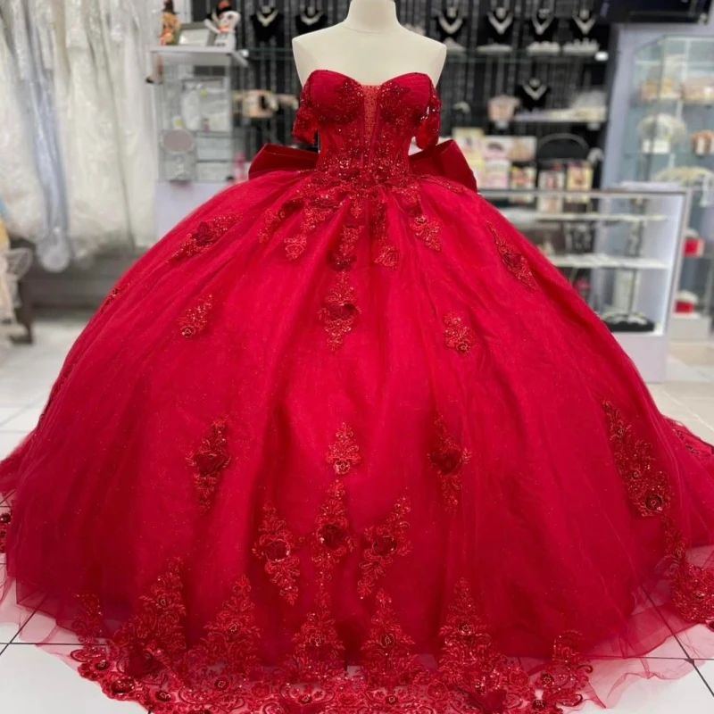

Red Ball Gown Quinceanera Dresses Applique Bow Beading Crystal Tull Corset Off Shoulder Sweet 16 Dress vestidos de 15 anos