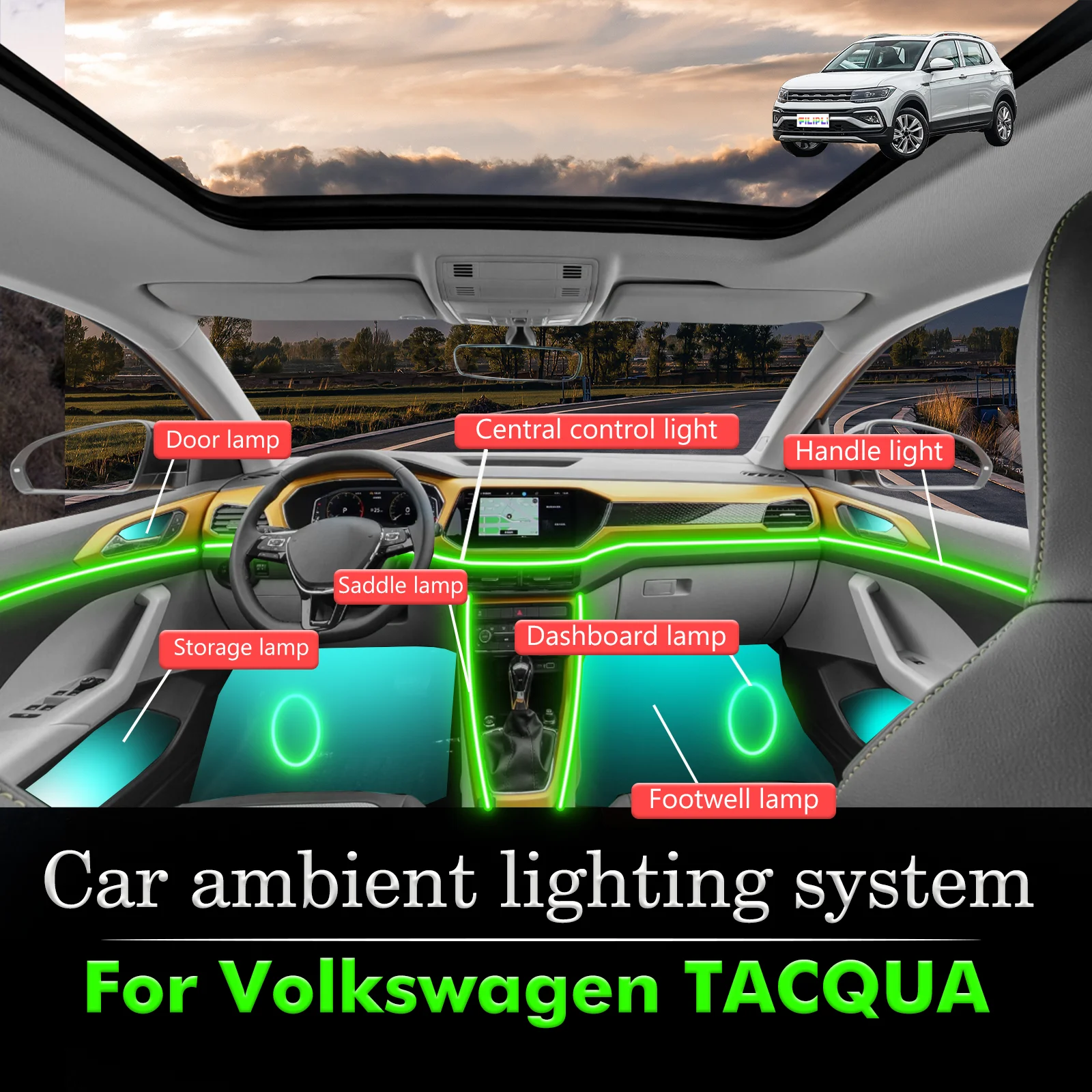 

For Volkswagen TACQUA Car Interior Mood Ambient Light RGB 64-Color LED Smart Remote Control Atmosphere Lamp Energy Saving Set
