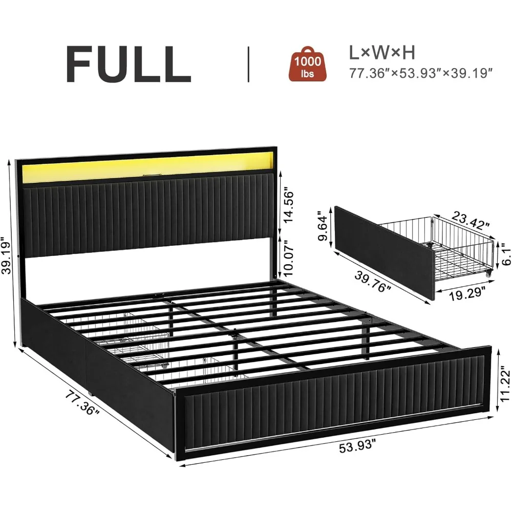 إطار سرير بمنصة مخملية منجدة بالحجم الكامل مع أدراج تخزين، ومحطة شحن USB مدمجة وشريط إضاءة LED، Sturdy Me