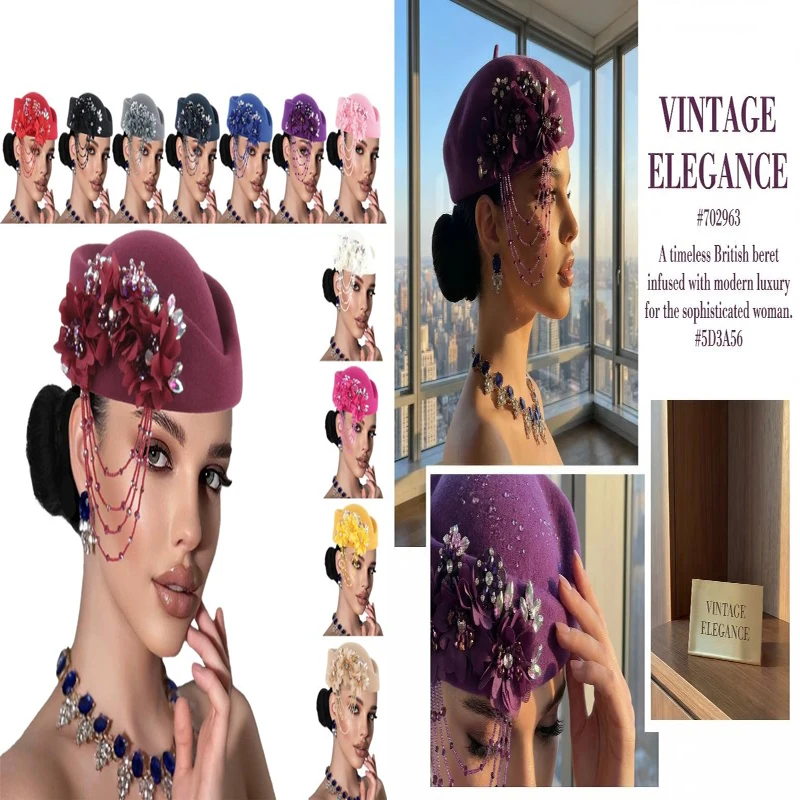 1pc Elegant British Retro  Retro British Hat For Women 3D Floral Decorated Flight Attendant Cap Beret Cosplay Costume Accessoris