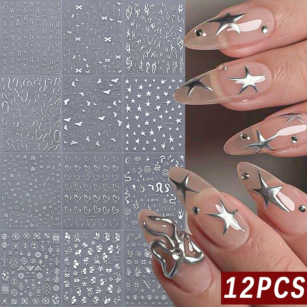 

12Pcs 3D Bronzing Metal Silver Flame Nail Stickers Y2k Star Moon Snake Adhesive Sliders French Stripe Line Bow Manicure Decals