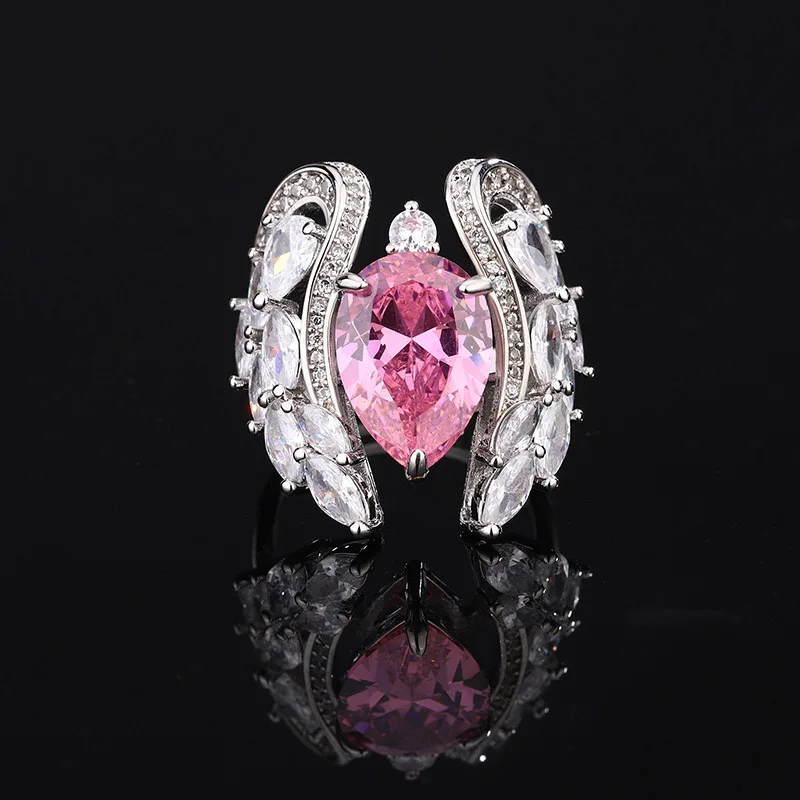 

Novel Design Bling Bling Angel Wing Rings Female Engagement Jewelry Colorful Water Drop CZ Open Ring Delicate Love Accessories
