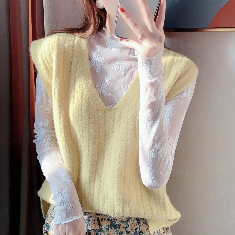 White High Collar Lace Blouse Women Inner Long Sleeve Shirt Autumn New High-grade Foreign Style Hollow Mesh Bottomed Top