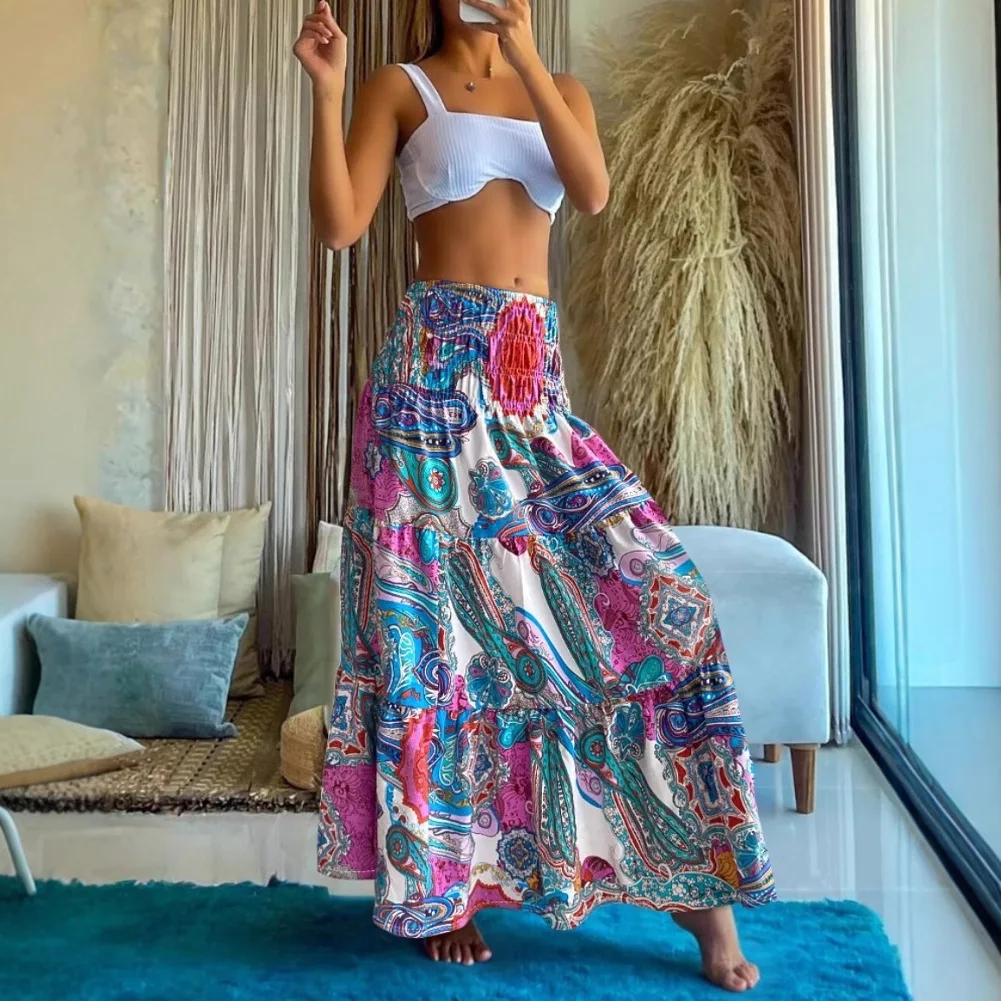 Skirts women 2026 casual summer high-waisted tight-waisted A-line loose floral printed long skirt for women clothing
