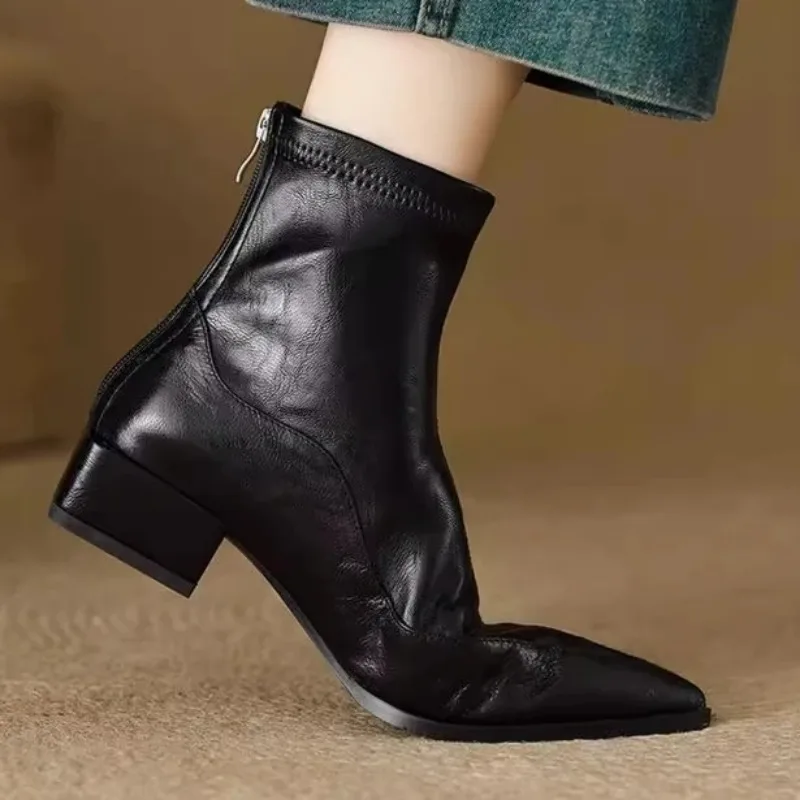 Fashion Vintage Thick Heels Women Slim Ankle Boots Autumn Winter Pointed Toe Stripper Party Short Booties Zapatos De Mujer view 6