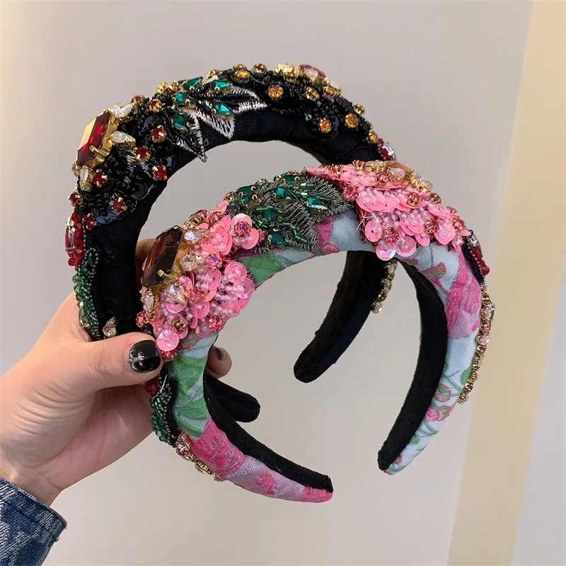 Pink Red Hair Hoops Retro Baroque Rhinestone Handmade Head Hoops Women\'s Style Fashion High Grade Sponge Hair Accessories