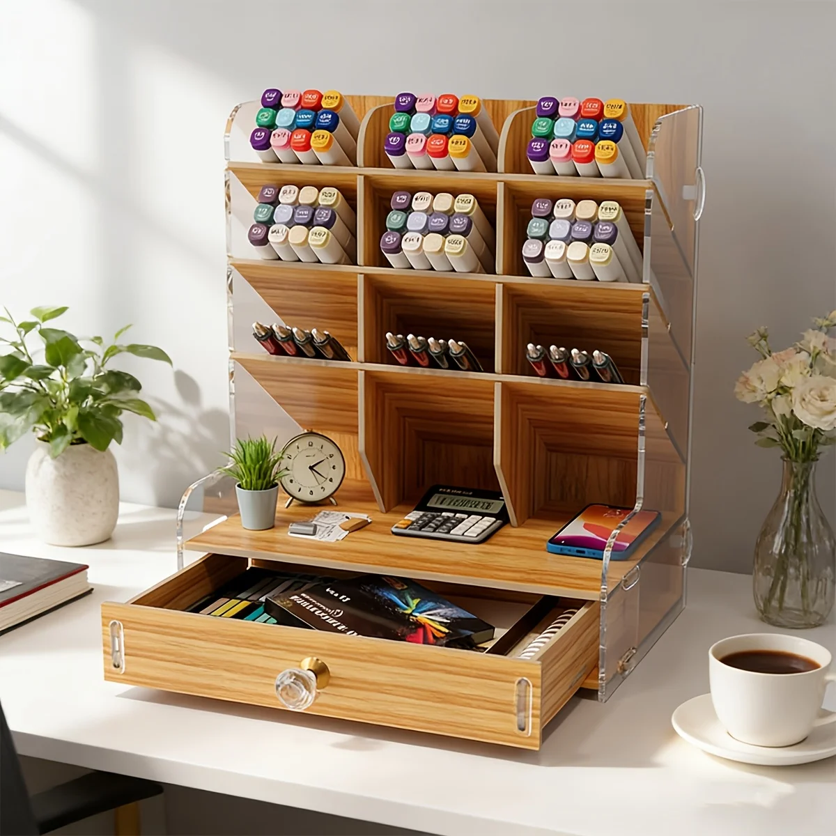 Wooden Desk Organizer with Drawer, Multi-Compartment Marker Holder for Office & Art Supplies view 3