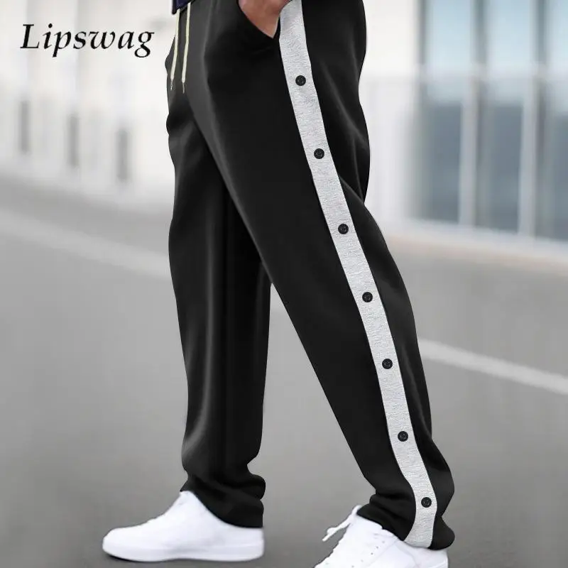 

Fashion Patchwork Button Side Striped Pants Men Autumn New Trendy Drawstring Loose Straight Pants Streetwear Mens Casual Pants