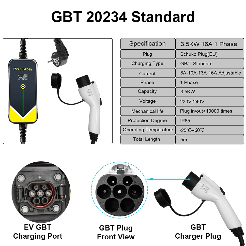 Teschev 110V 230V GBT EV Charger Electric Vehicle Charger Level 2 EVSE Charging Cable Wallbox Type 2 16A Car Charger