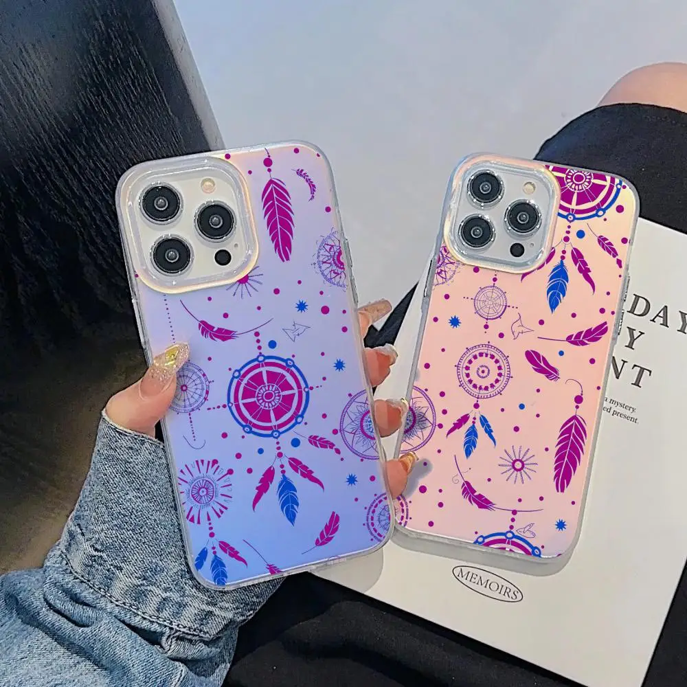 

Mandala Dreamcatcher Phone Case For iPhone 17 16 15 14 13 12 11 Pro Max Plus Transparent Aurora Laser Gradient Cover