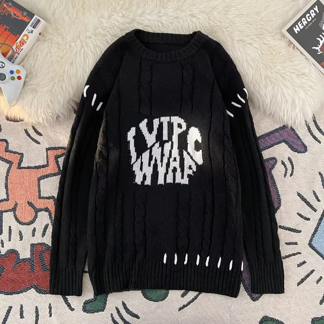 

Мужской вязаный свитер свободного кроя большого размера (до 250 фунтов), с круглым вырезом, из шерстяной пряжи, осенне-зимний, повседневный, для пар