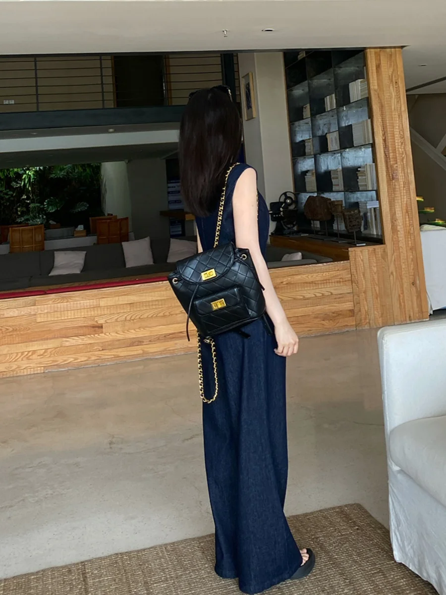 

MYOU 50cm ort Women's High Waist Blue Denim Vest And Wide Leg Pants Two Piece Set Summer Faion Retro Sle
