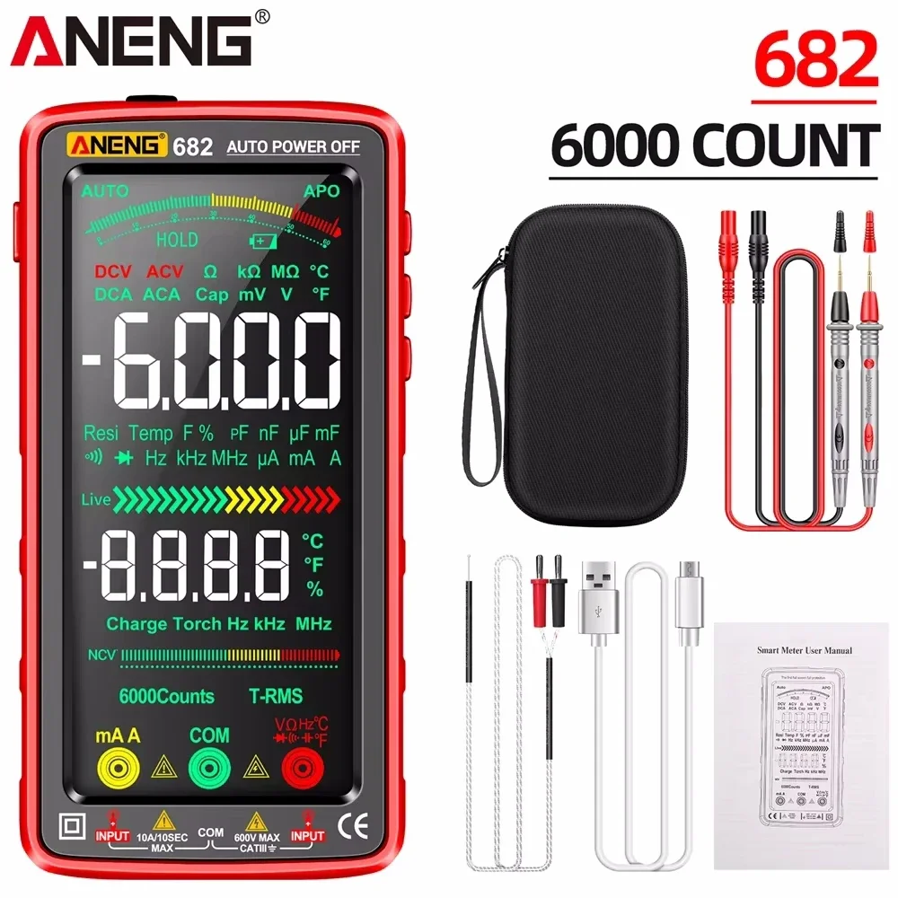 ANENG 682 Smart Professional Multimeter AC/DC Ammeter Voltage Tester Rechargeable Electric Ohm Diode Tester Tool Easy Install