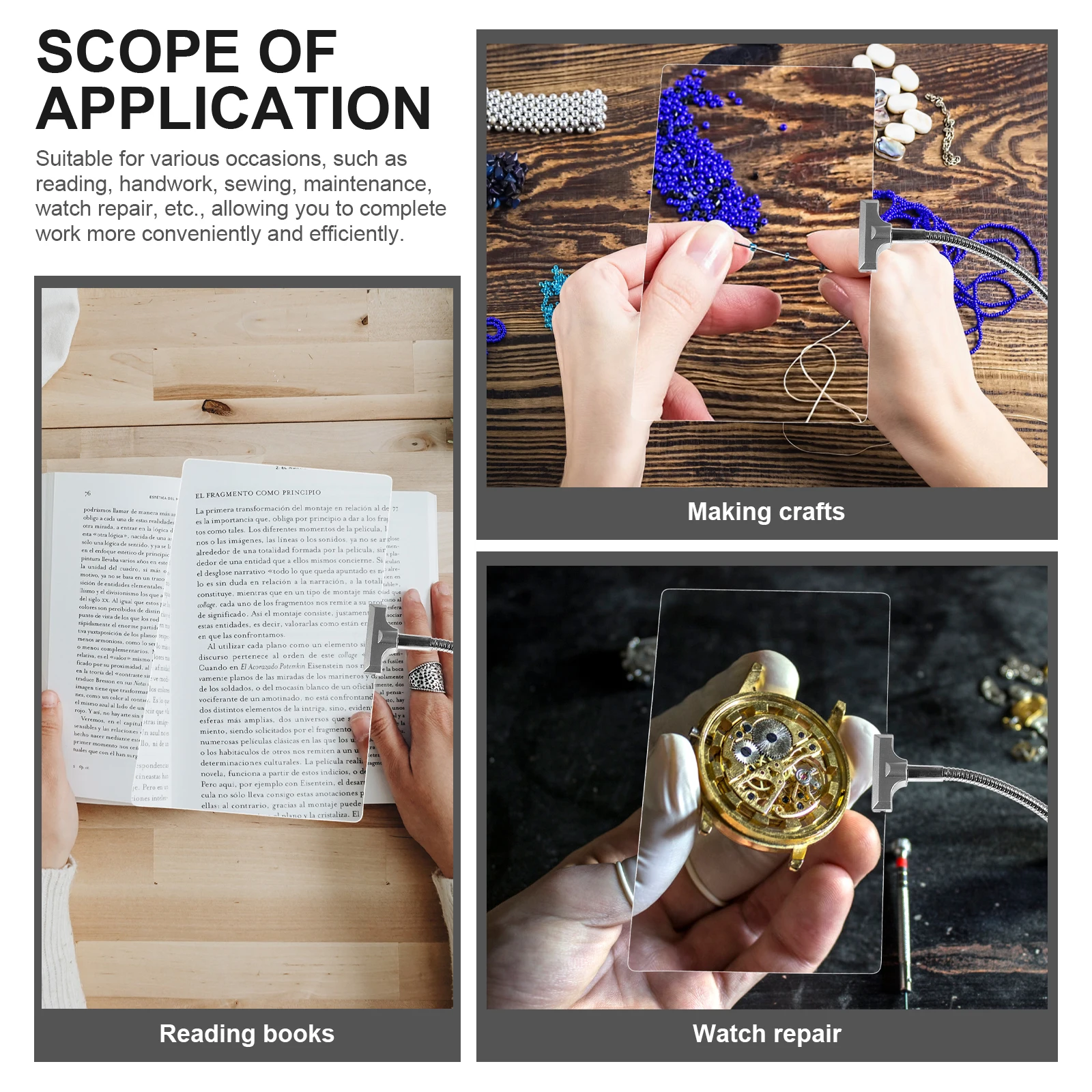 Extra Large 4x Reading Magnifier HD White Light Fresnel Lens Adjustable Hose Stand Black Craft Work Table Screen Computer