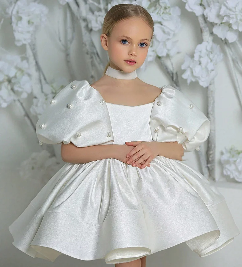 New Baby Summer Girls Boutique  Beading Puff Sleeve Dress, Princess Kids Fashion Party Dresses 4 -8 T