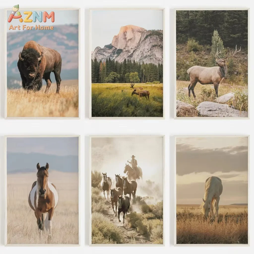 Wildlife Wall Art Western Country Rustic Print Buffalo Bull Elk Cowboy Horse Yellowstone Bison Canvas Painting Home Decor