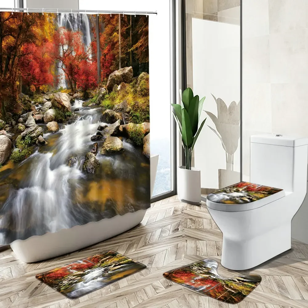 Autumn Forest Scenery Shower Curtain Waterfall Red Maple Leafs Natural Landscape Non-Slip Rug Toilet Cover Bathroom Decor Set