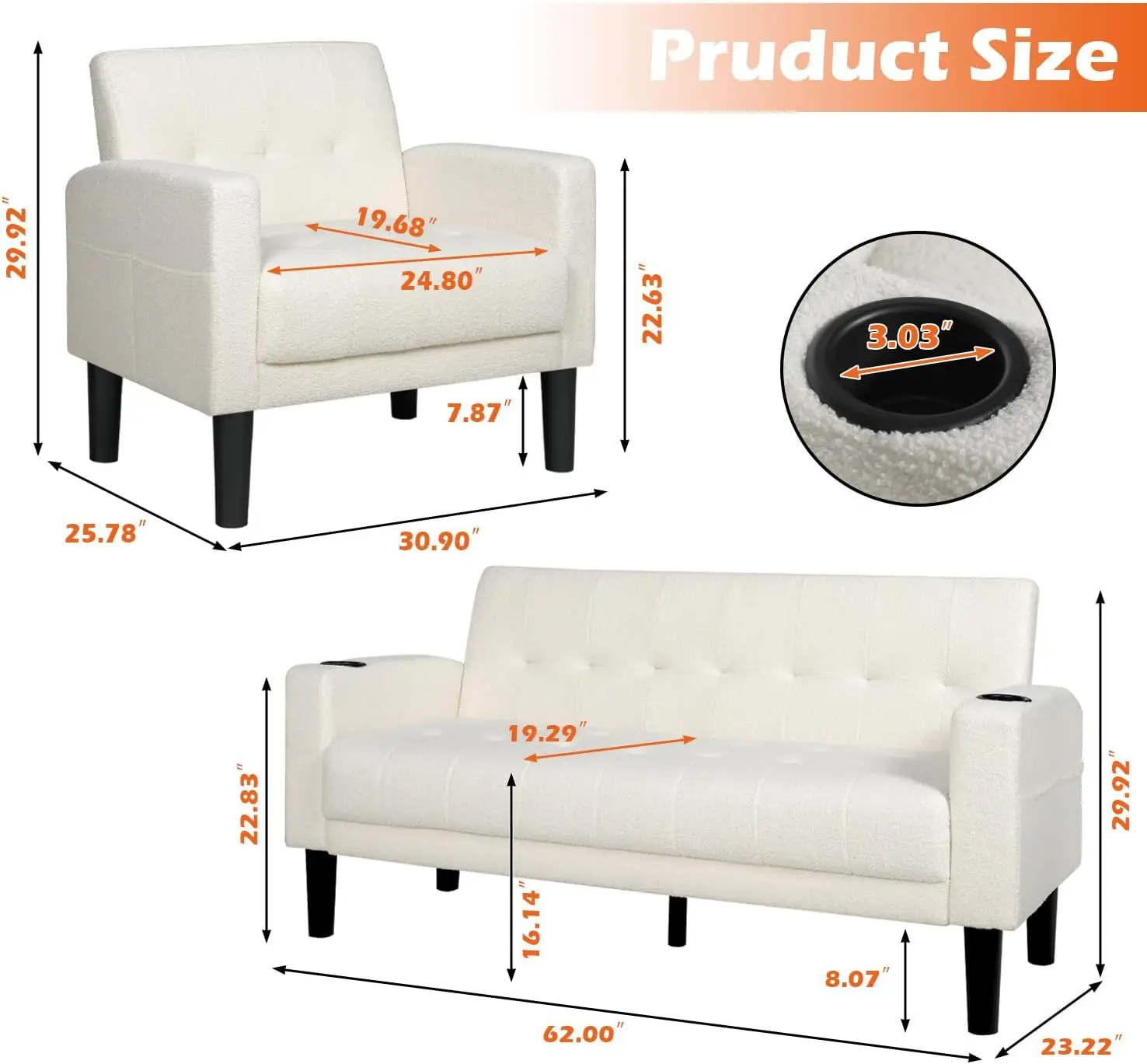 Set Sofa ruang tamu 3 buah, Set Sofa lovesat dengan 2 tempat cangkir USB, saku samping, kain Modern 3 buah