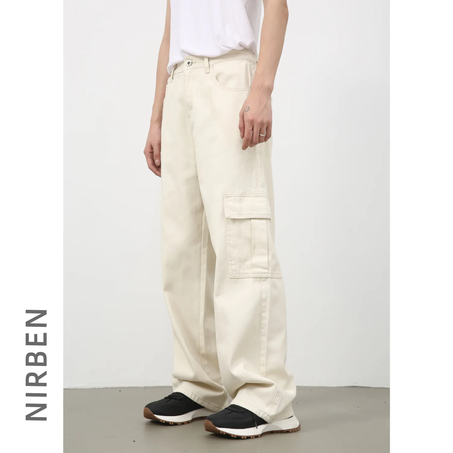 Denim Multi-pocket Color Semi-elastic Waist Casual Tooling Jeans Men's Loose Straight Wide Legs