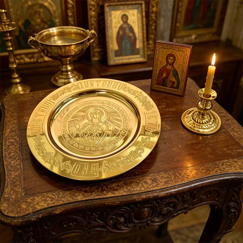 Neues Orthodoxes Christliches Messing-Kommunion-Set mit Kerzenhalter, Vergoldet, Gravierte Marienikone, Religiöses Ritualtablett für Kirchenandacht – Detail 1