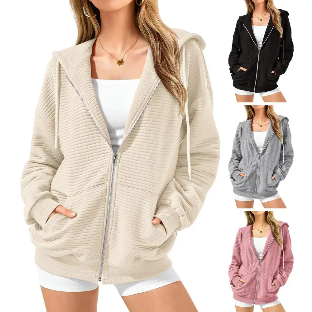 

Женская однотонная толстая толстовка с длинными рукавами и карманами на молнии с капюшоном, осень 202, эластичная спортивная куртка в полоску с завязками