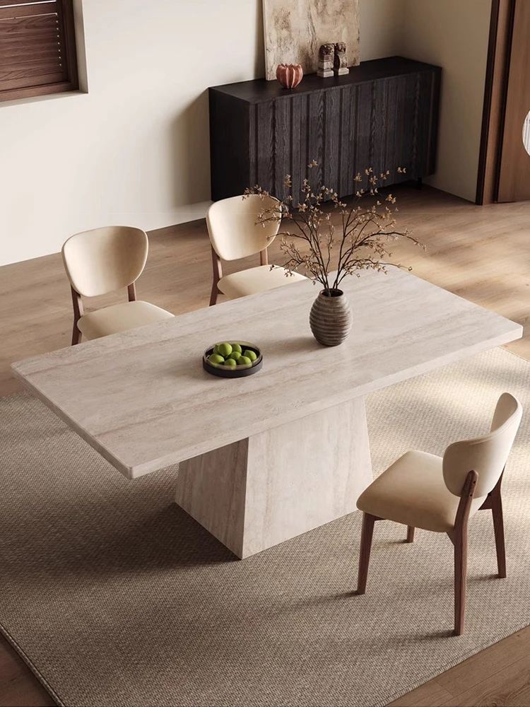 

Travertine rock slab dining table and chair combination household minimalist rectangular medieval dining table