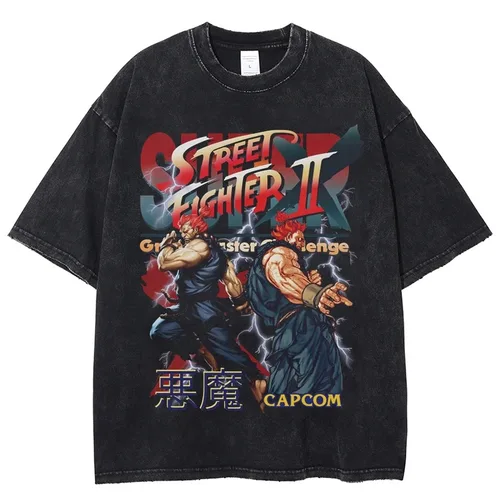 Camiseta lavada Vintage para hombre, camisa de manga corta con cuello redondo, estilo Harajuku, ropa de calle de Hip Hop, Tops Unisex, Akuma Street Fighter Game