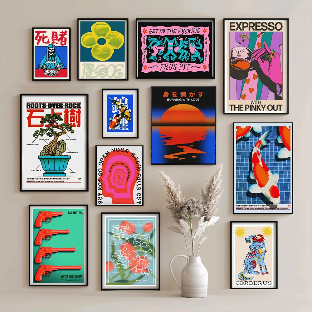 Pósteres Vintage de Japón que quema con amor, pintura en lienzo, Expresso de Palma solitaria con el Pinky Out Bar, cafetería, decoración moderna para el hogar