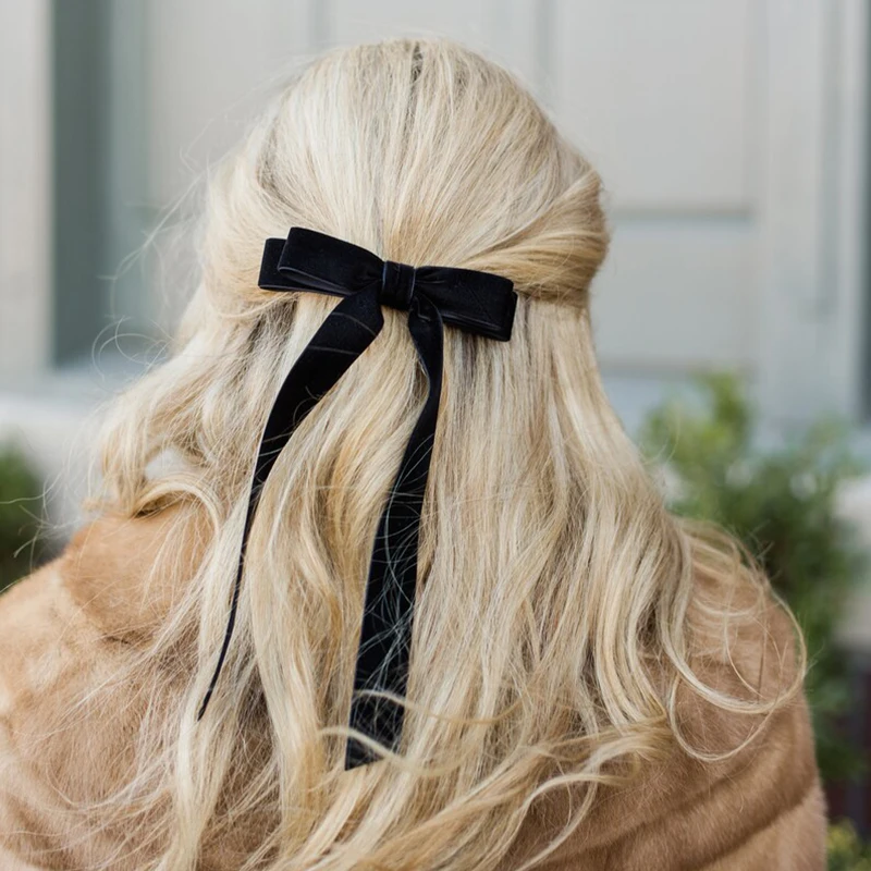 Lystrfac Vintage Velvet Black Hair Bow For Women Long Ribbon Hairpin Simple Fashion Top Clip Ladies Hairgrips Hair Accessories