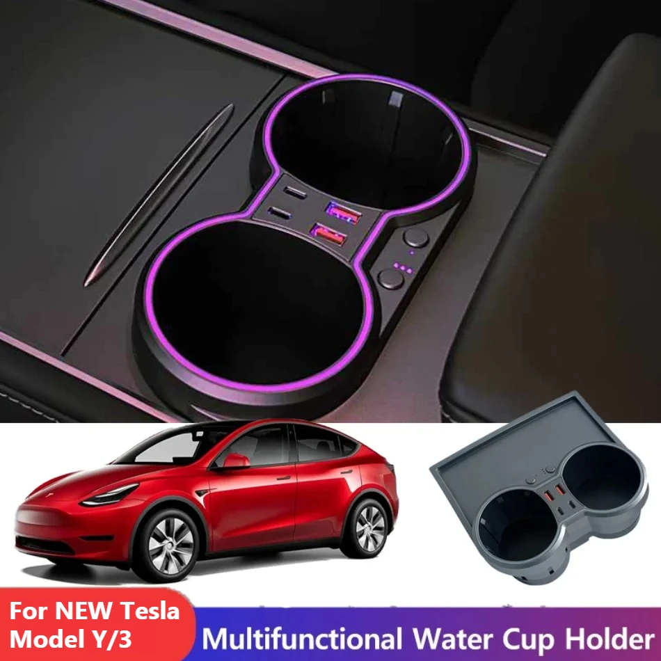 Center Console Cup Holder Atmosphere Light Expansion Dock for Tesla Model 3 Highland Model Y Juniper Fast Charger 45W Fragrance