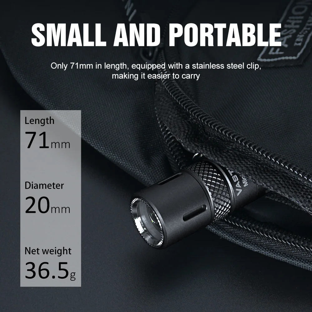 مصباح يدوي VASTLITE Minima Bow LEP - نطاق طويل 750 متر، سطوع 280LM، محمول للغاية 71 مم، مقاوم للماء IPX8، حلقة مضيئة للذيل