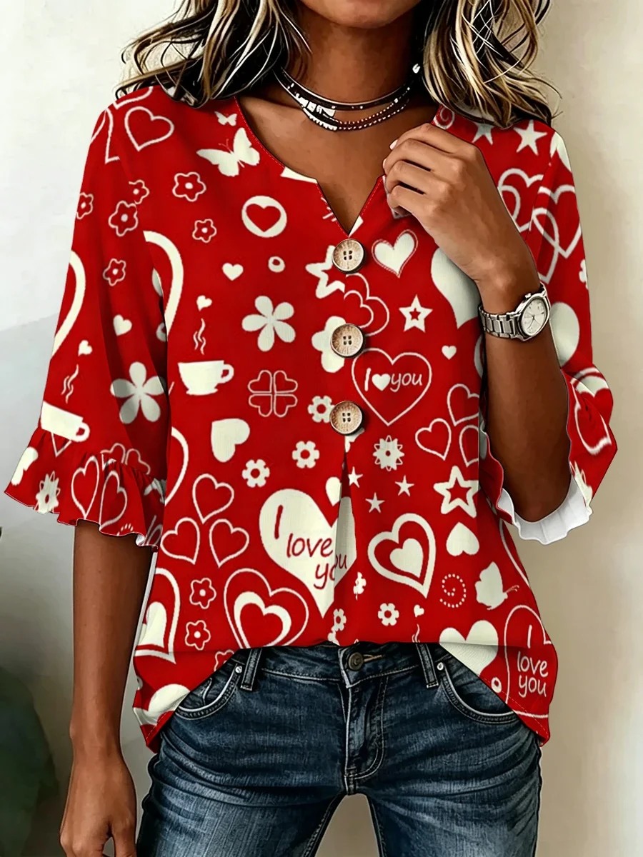 Plus Size Women V Neck Button Decor Blouse Sweet All‑Over Heart Print Fashion Pullover Top for Couple Dating Daily Wear