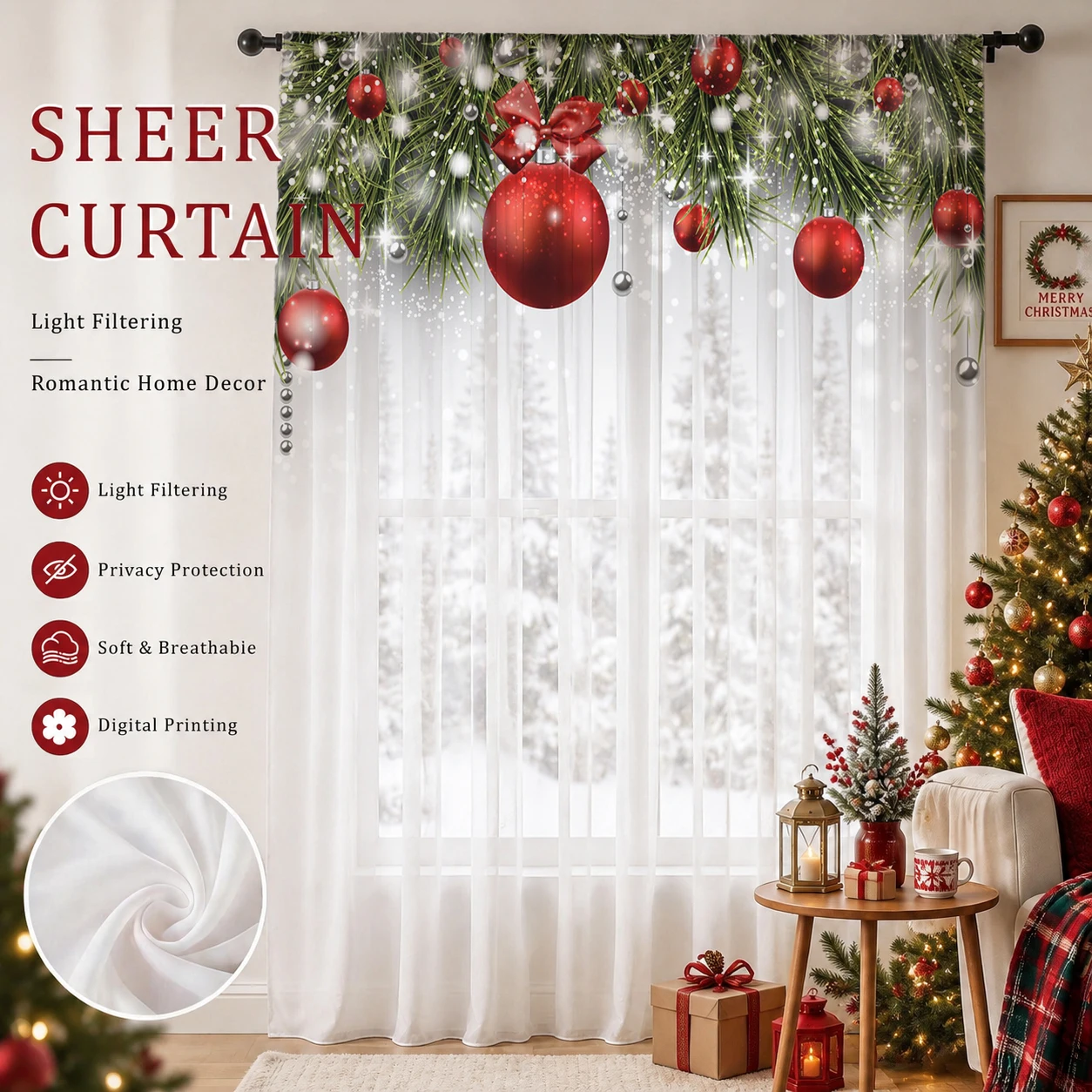 Christmas Valance Curtain Red Bauble Pine Snow Print Rod Pocket Polyester Festive Xmas Window Decor for Kitchen Living Room