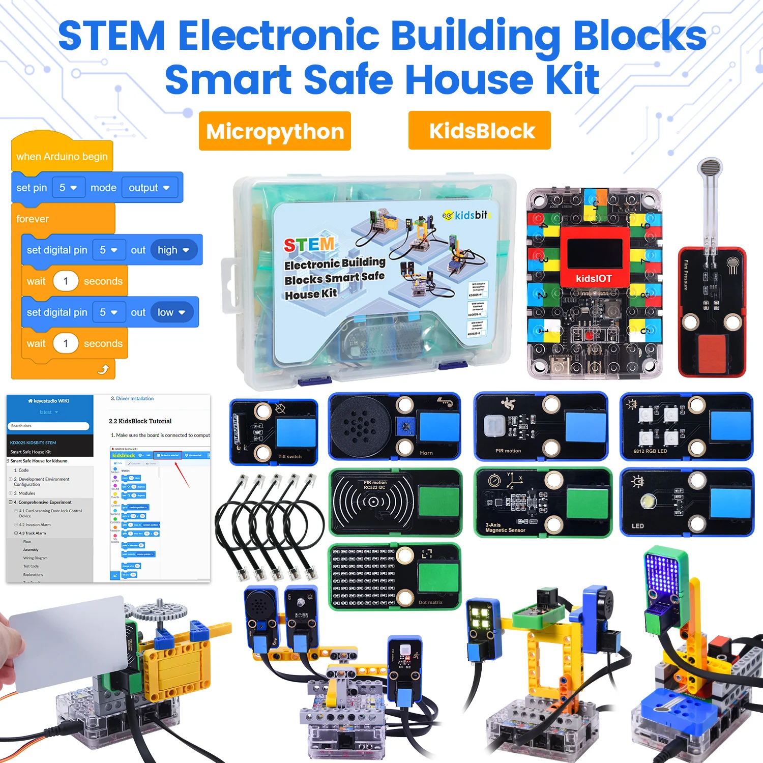 Kidsbits STEM Smart Safe House Starter Kit Base on Arduino UNO/ESP32/Pico Controller Compatible Lego Blocks Scratch Programming